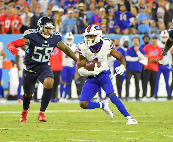 Oct 18, 2021; Nashville, Tennessee, USA; Buffalo Bills wide receiver Emmanuel Sanders (1) runs after a made catch against the Tennessee Titans after a catch during the first half at Nissan Stadium. Mandatory Credit: Steve Roberts-USA TODAY Sports